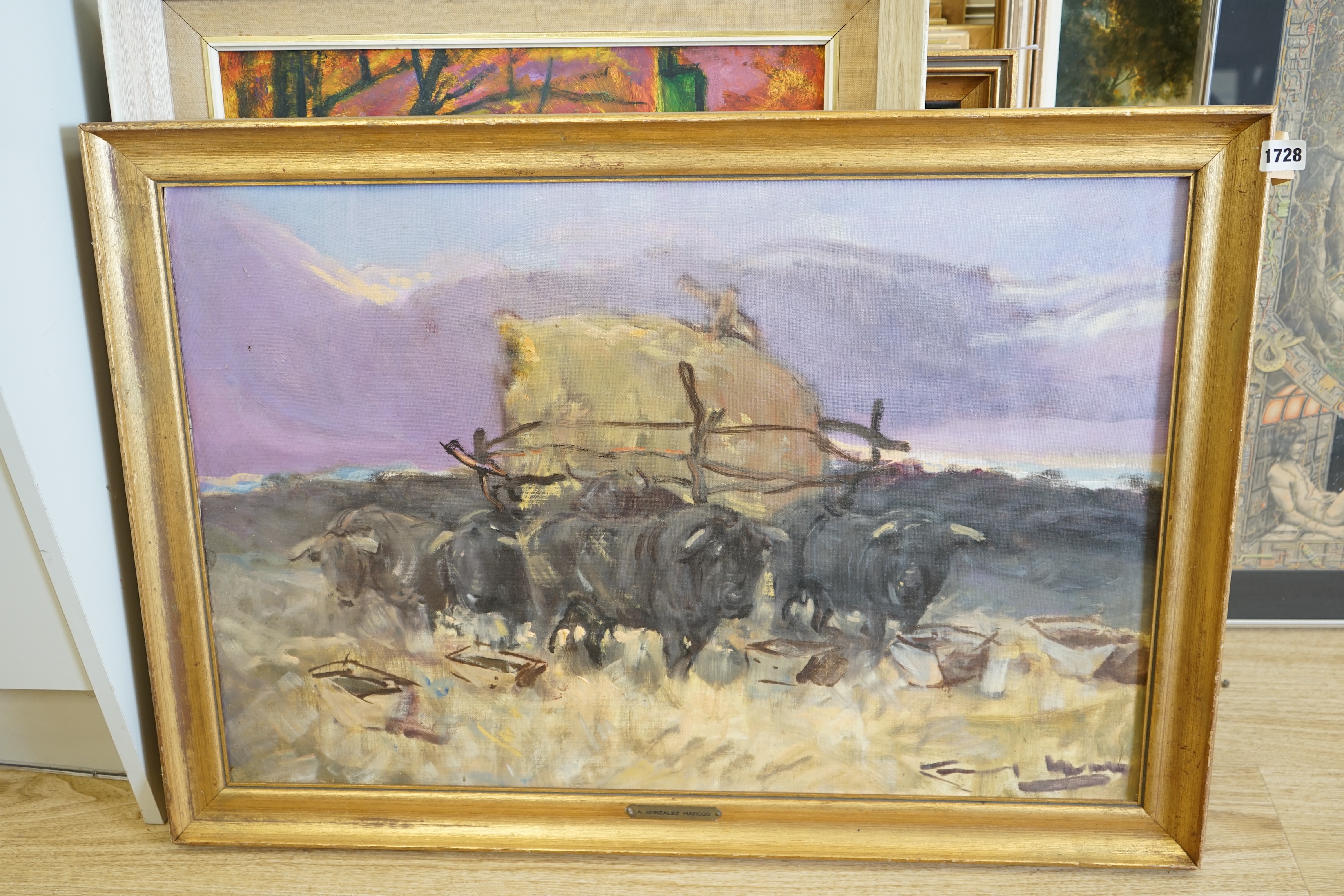 Angel Gonzalez Marcos (Spanish, 1900-1977), oil on canvas board, Oxen pulling a cart, signed, 52 x 82cm, applied plaque to the frame. Condition - fair, board warped